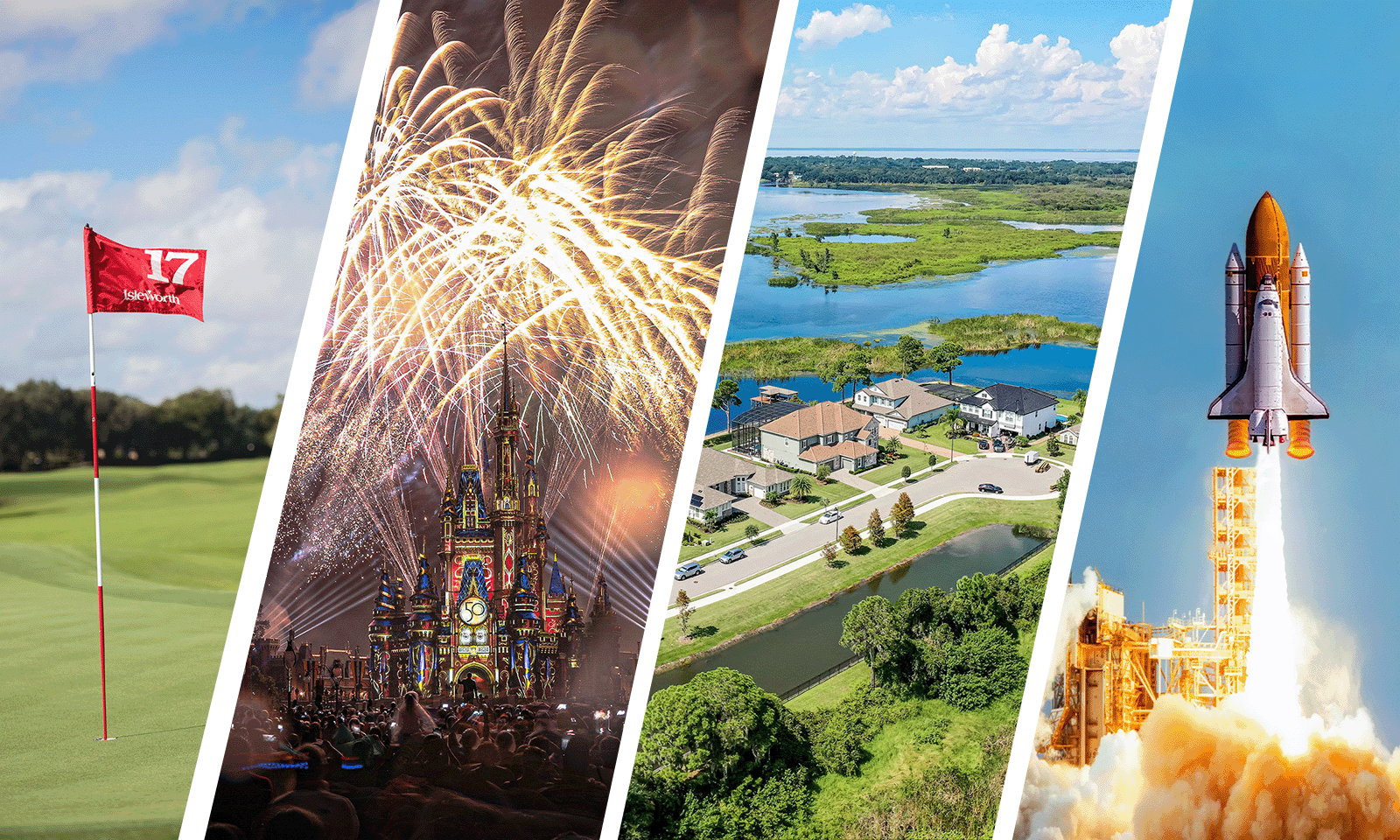 four images with golf, fireworks, lakes, and rocket launch